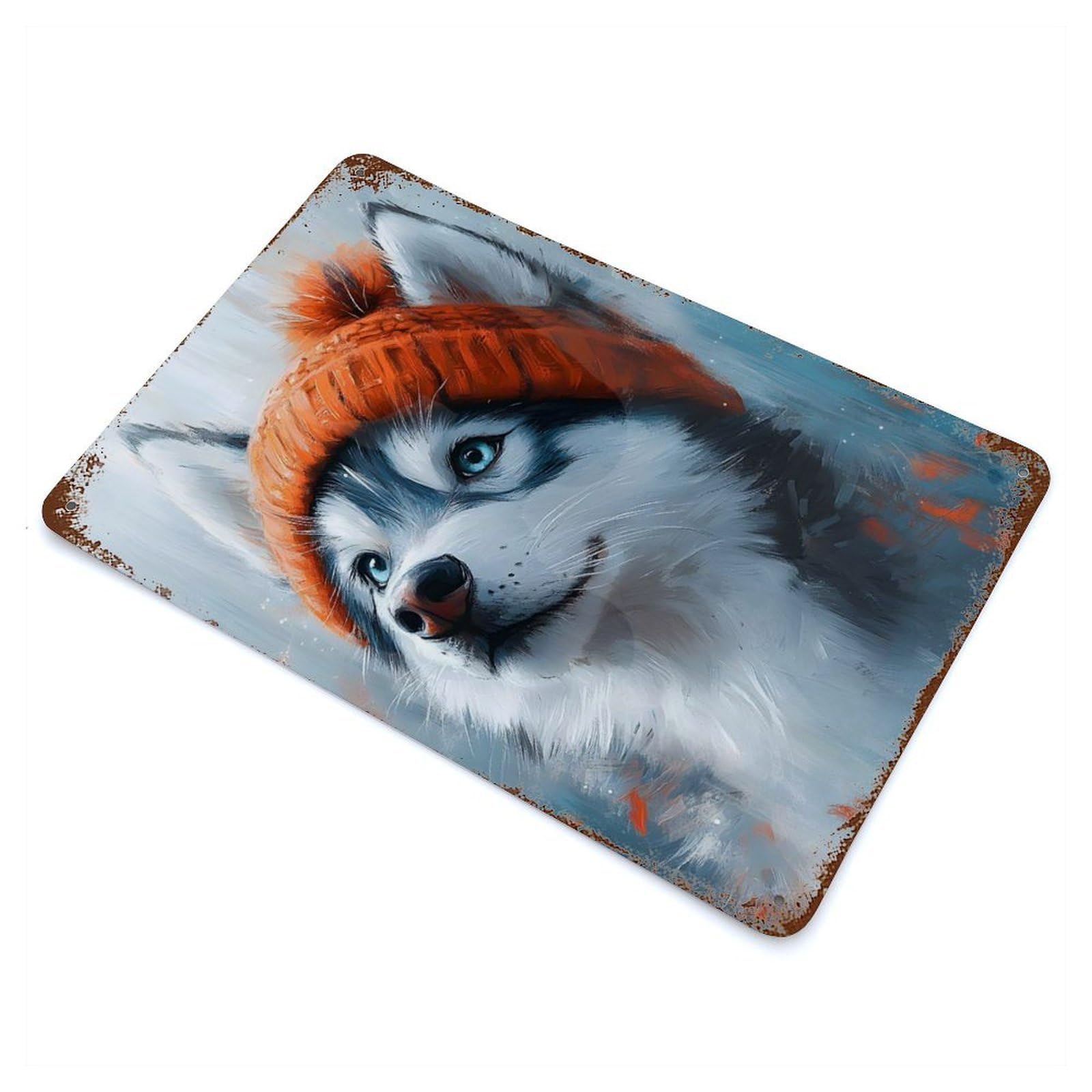 Rust Effect Tin Sign with Husky in A Red Beanie Design 11.8"x7.9", for Pub, Kitchen And Man Cave Decor, Industrial Home Decor