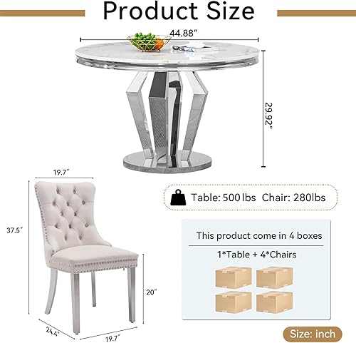 Miniatura 9 de Juego de 4 mesas de comedor redondas de mármol para 4, mesa de cocina redonda moderna y sillas de terciopelo beige, mesa de comedor de mármol blanco