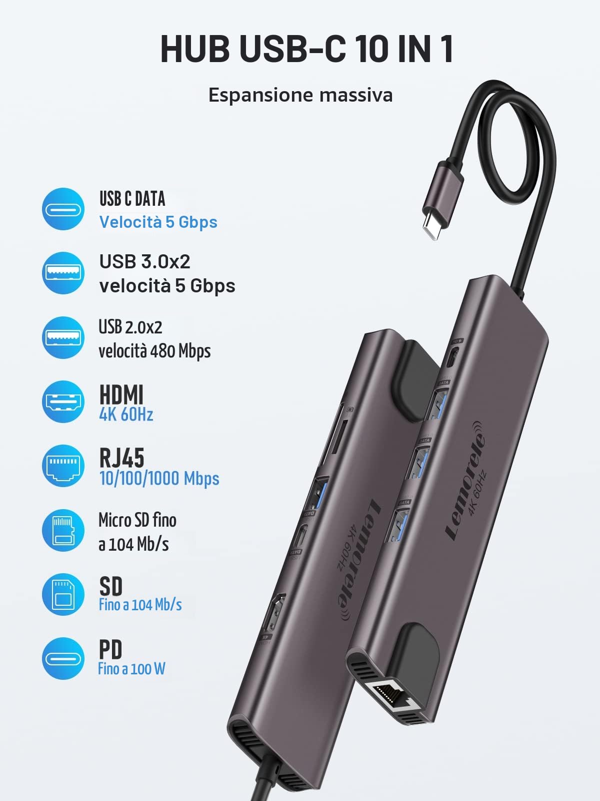 Lemorele Hub USB C 10-in-1 con Porta Ethernet RJ45, HDMI 4K@60Hz, 2 USB 3.0 + 2 USB 2.0, PD 100W, Lettore SD/TF - Docking Station in Alluminio per MacBook Air/Pro, PC Portatile