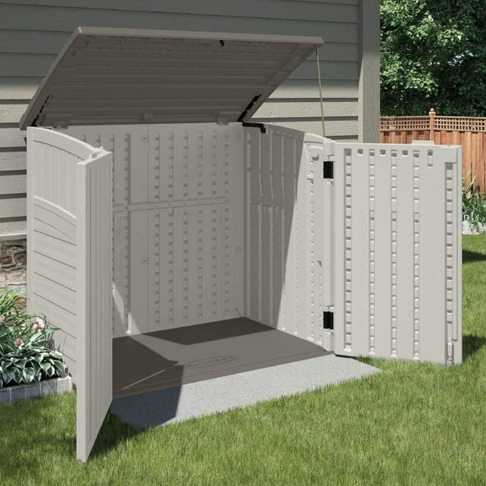 Suncast 34 Cu Ft Capacity Horizontal Outdoor Storage Shed for Garbage Cans, Garden Accessories, Backyard, and Patio Use, Vanilla Suncast 34 Cu Ft Capacity Horizontal Outdoor Storage Shed for Garbage Cans, Garden Accessories, Backyard, and Patio Use, Vanilla