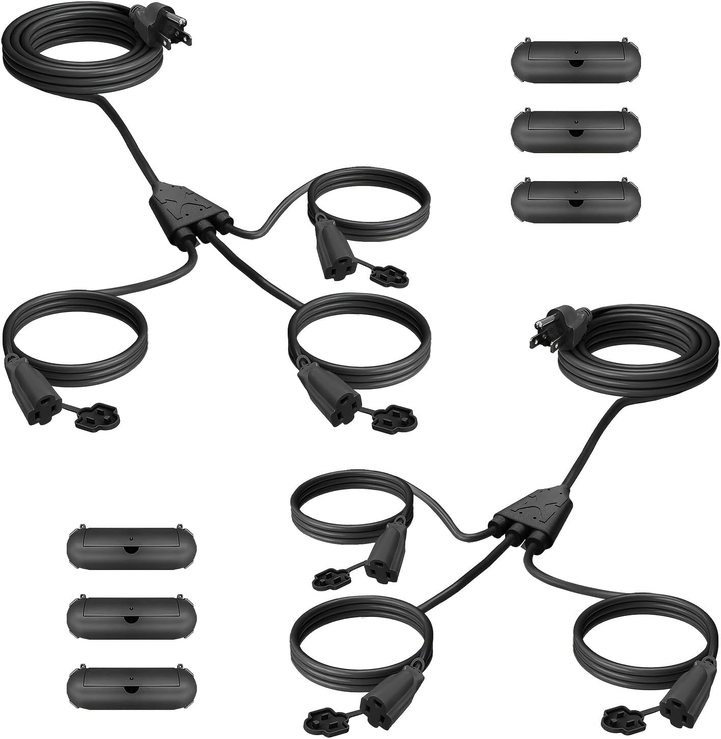Banord Extension Cord 1 to 3 Splitter, 25FT Extension Cord, with 3 Weatherproof Covers for Indoor and Outdoor, 16/3 SJTW Weatherproof Wire for Holiday Decoration Light, UL Listed, Black(2 Pack)