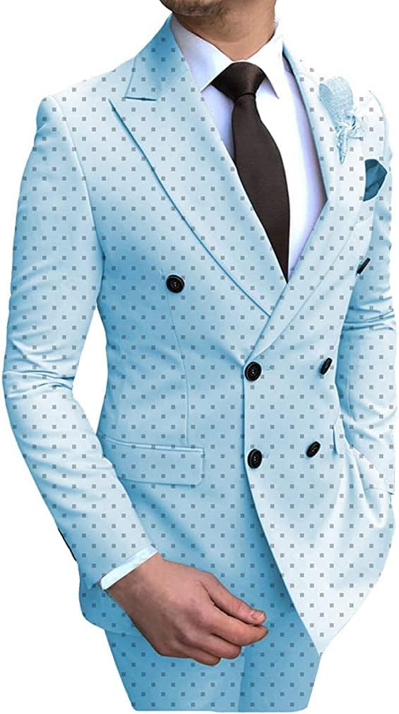 Mens Suit Double Breasted Polka Dots Tuxedos Groomsmen Formal Wedding Suits 2 Pieces