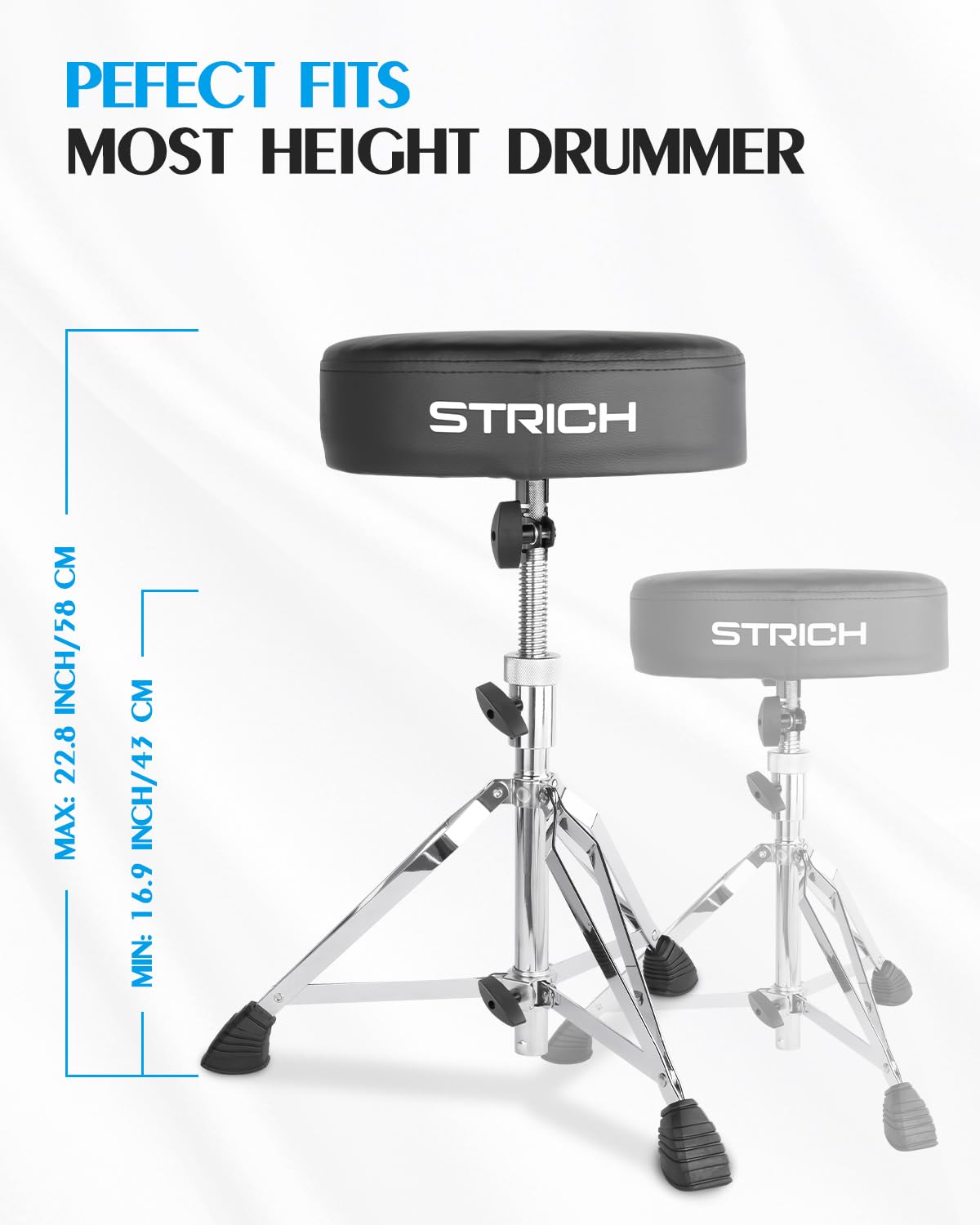 STRICH Sgabello imbottito per batteria, sgabello girevole resistente per chitarra, con bacchette 5A, SDB-20