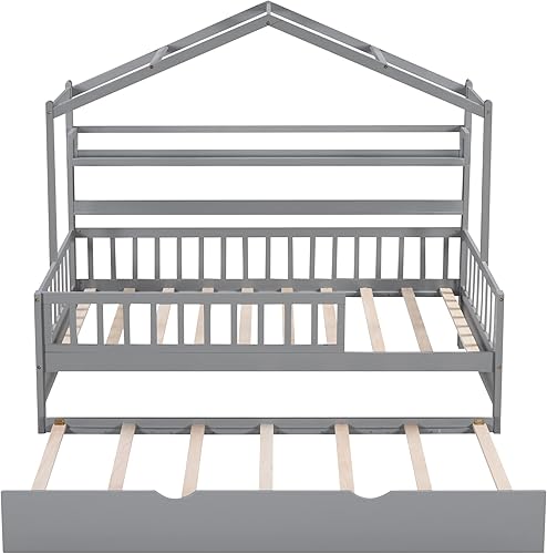 Miniatura 211 de Base de cama de casa de tamaño individual con techo y valla, marco de cama de madera para niños pequeños, adolescentes, niñas, niños, se puede