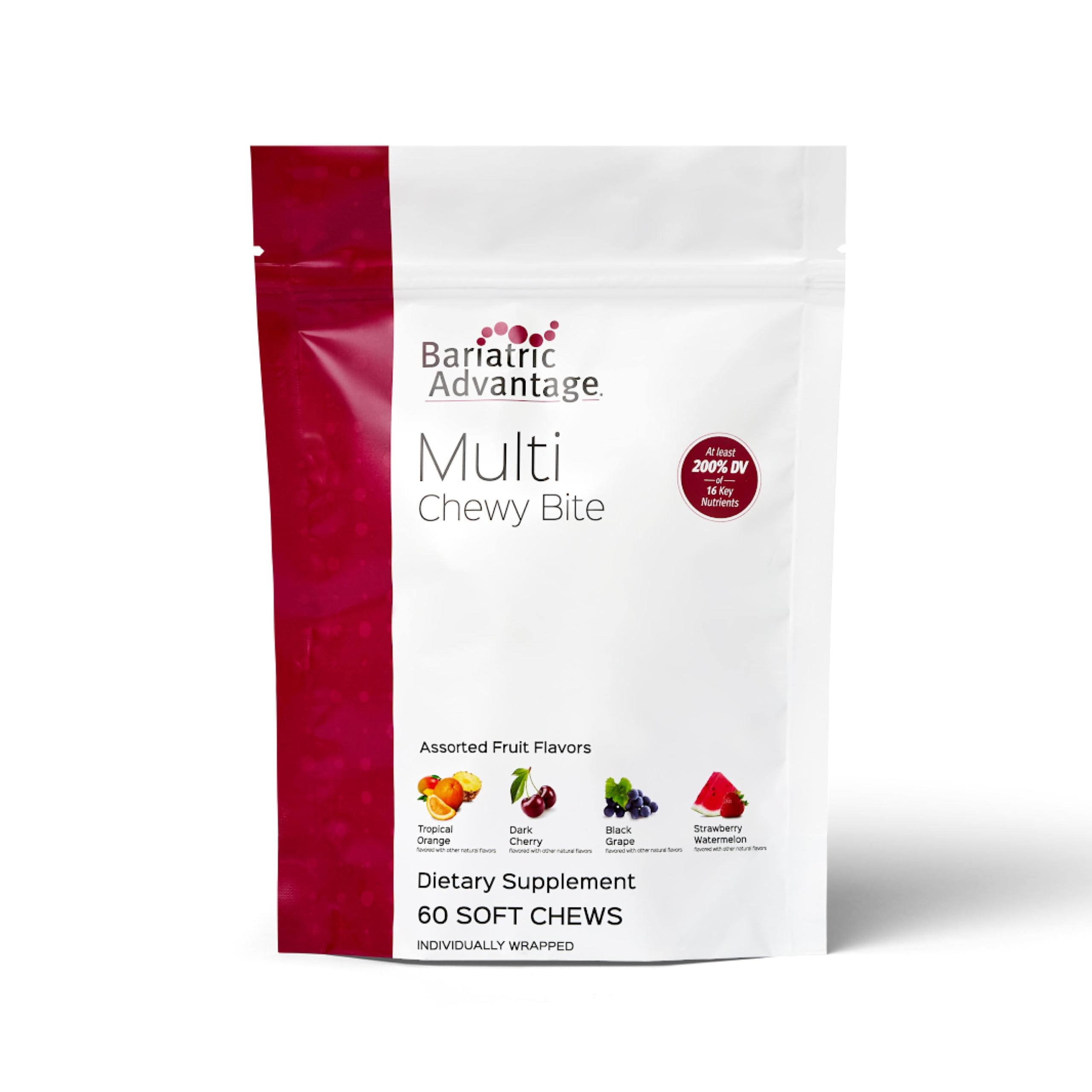 Bariatric Advantage Multi Chewy Bite - Soft Chew Multivitamin for Bariatric Surgery Patients - Chewable Multivitamin with Folic Acid, Vitamin D3 & More - Assorted Fruit Flavor - 60 Count