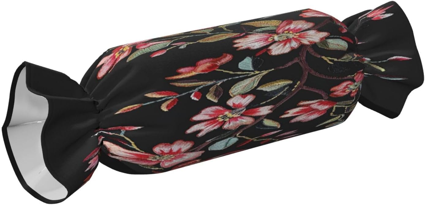 Embroidered Flowers Cylindrical Pillow-Premium Bed Pillows, Side Sleeper Neck Support, Decorative Candy Design, Soft and Durable