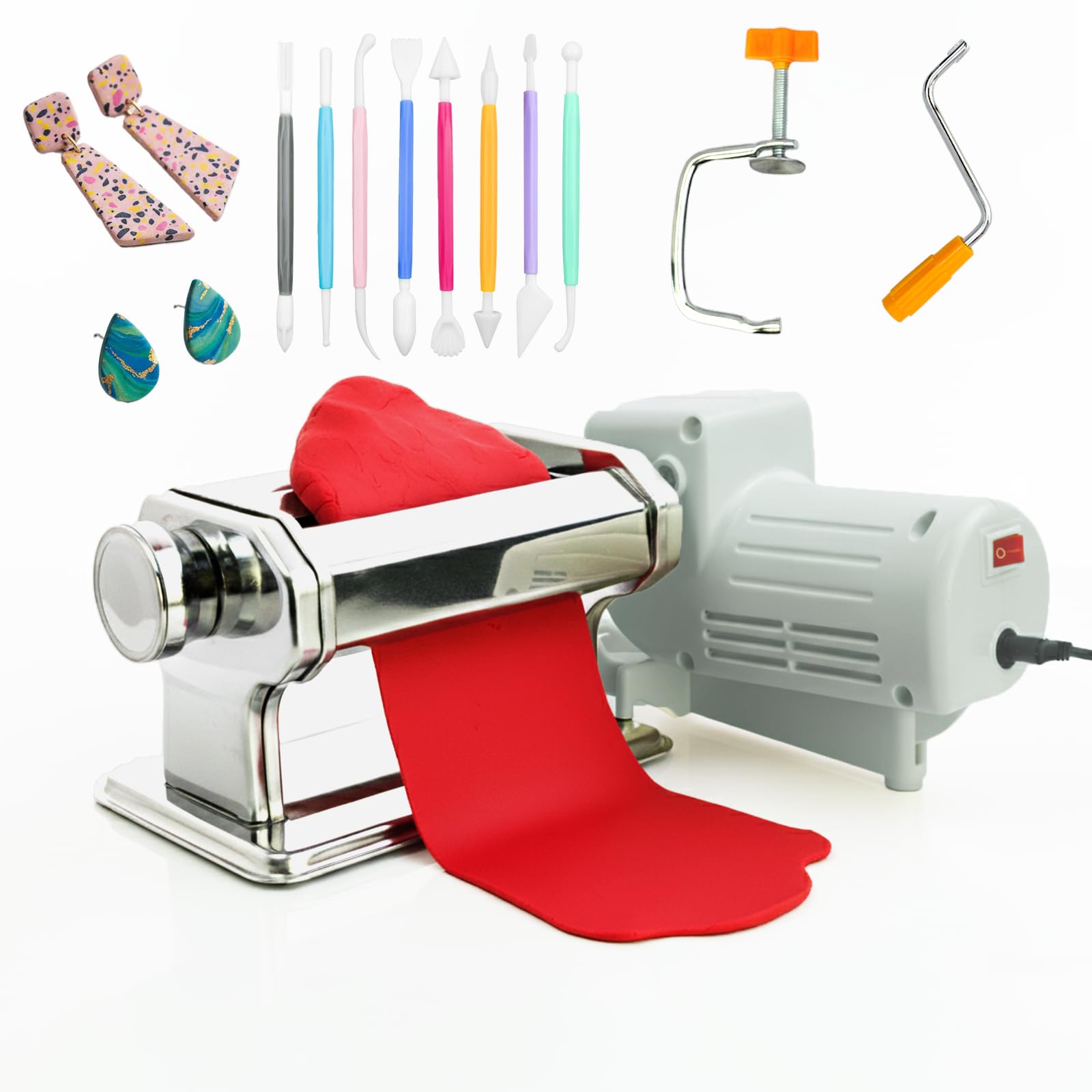 Elektrische Polymer Clay Roller Maschine, Dual Mode Clay Press Machine mit 6 Dickeneinstellungen, 60W Motor, Enthält 8 Prägewerkzeuge & Tonwerkzeuge für Polymer Clay Ohrringherstellung