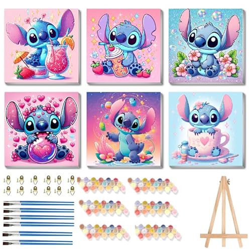 nekpiahu 6 Pack Cartoon Paint by Numbers for Kids with Framed Canvas-with Wooden Easel, Paint by Number for Kids Ages 4-8-12, DIY Easy Acrylic Oil Painting Kits for Home Wall Decor (8X8inch)