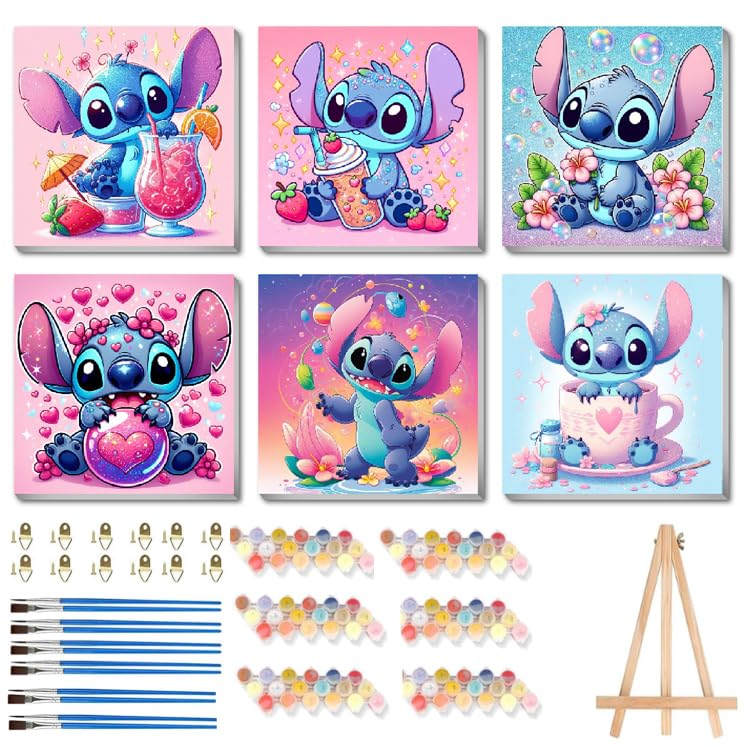nekpiahu 6 Pack Cartoon Paint by Numbers for Kids with Framed Canvas-with Wooden Easel Paint by Number for Kids Ages 4-8-12 DIY Easy Acrylic Oil Painting Kits for Home Wall Decor (8X8inch)