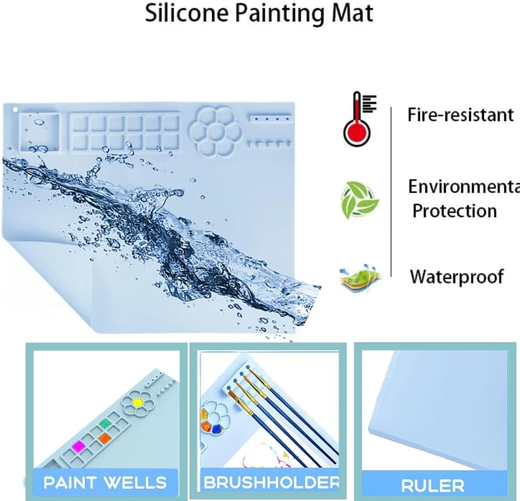 Paint Station - paint brush cleaner with 10 Paint Brushes and 20×16 Inch Silicone Painting Mat, Reusable Art Supplies for Kids, Adults & Beginners - Perfect for Watercolor, Acrylic, Oil Painting(Blue)