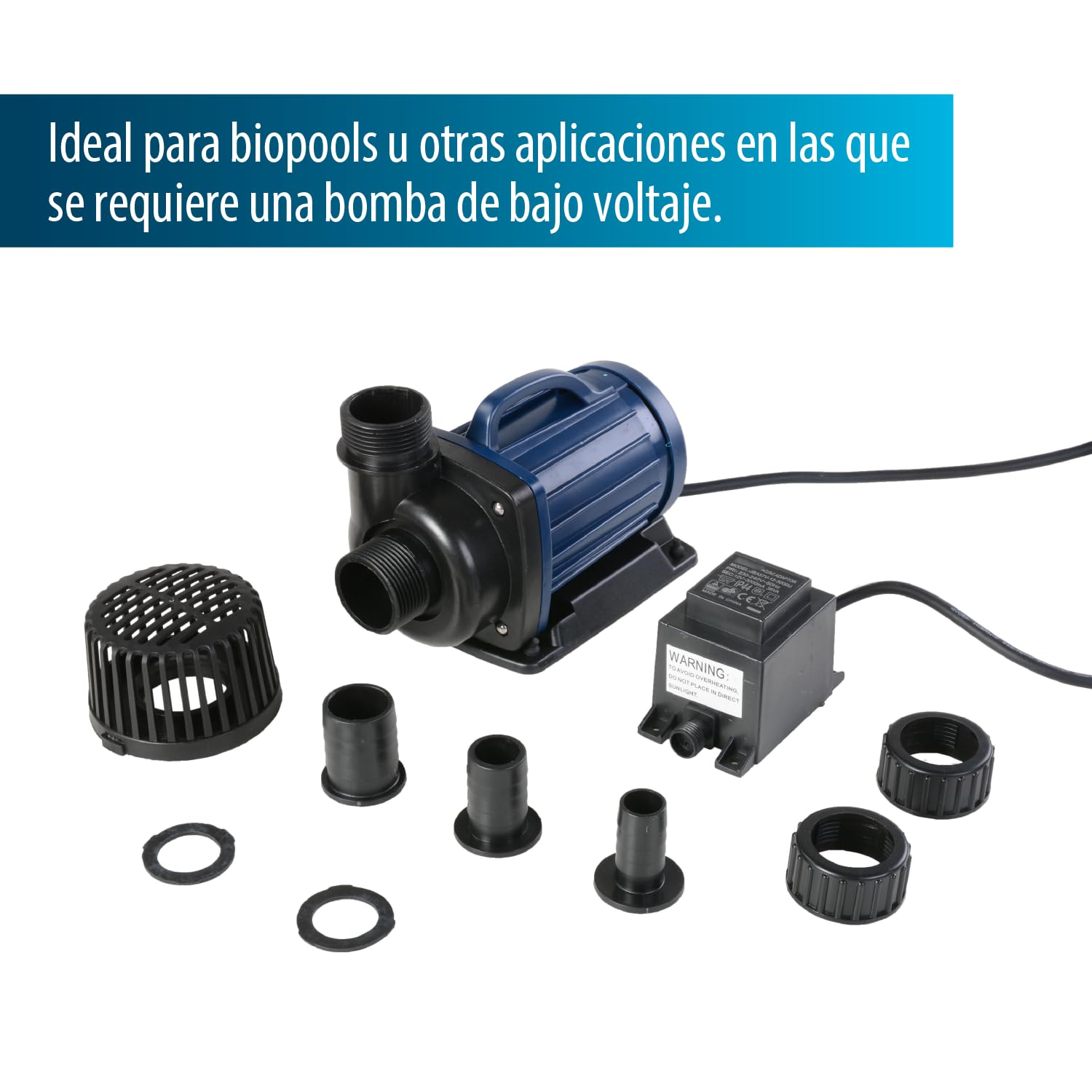 AquaForte Bomba de estanque DM 10000 de bajo voltaje 12 voltios 85 vatios, caudal 10m3 p/h, altura de impulsión 5 m, protección automática contra funcionamiento en seco, longitud del cable 10 m