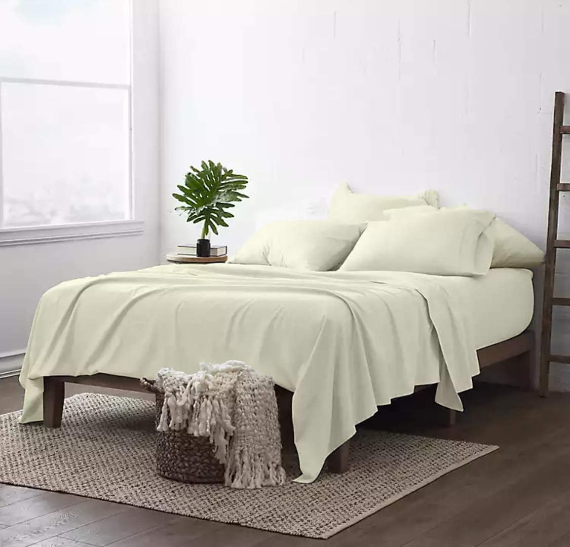 100% Organic Cotton Sheets, 800-Thread-Count, 4 PC Set, Eco-Friendly, Breathable, Luxury Soft Sateen Weave, Fits Mattress 18" Deep Pocket - |Queen, Ivory|