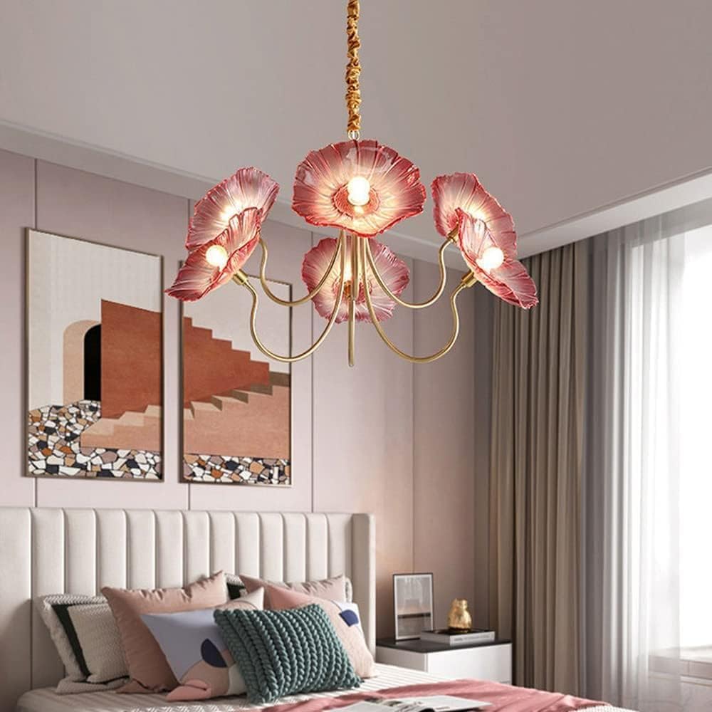 Modern Nordic Chandeliers with 6-Lights,Lotus Leaf Glass Pendant Lights Fixtures Hanging Lamp,French Classic Floral Pendant Lighting for Living Room Dining Room Bedroom (Red)
