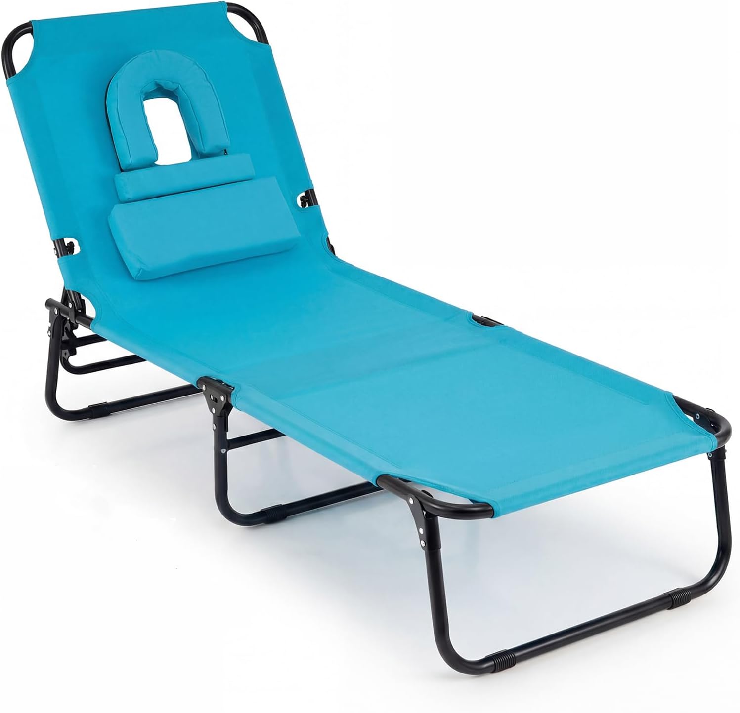 COSTWAY Tanning Chair with Face Hole, Pillows & Adjustable Backrest, Portable with Carrying Bag, Folding Beach Chaise Lounge for Sunbathing, Seaside