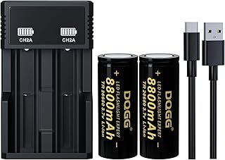 26650 Rechargeable Battery 3.7Volt Li Batteries 8800mAh High Capacity Flat Top for Flashlight Headlamp(2 Pack,26650 Battery+Charger)
