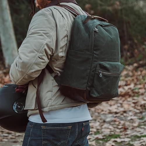 Miniatura 6 de Mochila de cuero de lona, lona encerada con ribete de piel de vaca de grano completo, mochila de estilo vintage, verde militar, Verde bosque