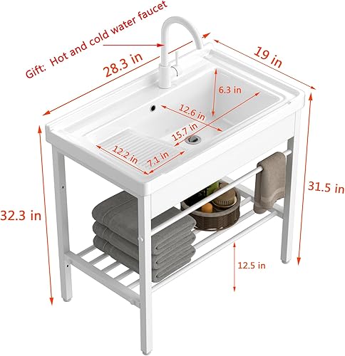 Miniatura 4 de Fregadero de lavandería independiente, fregadero de cerámica con tabla de lavar y grifo, bañera de lavandería para lavandería, garaje, sótano,
