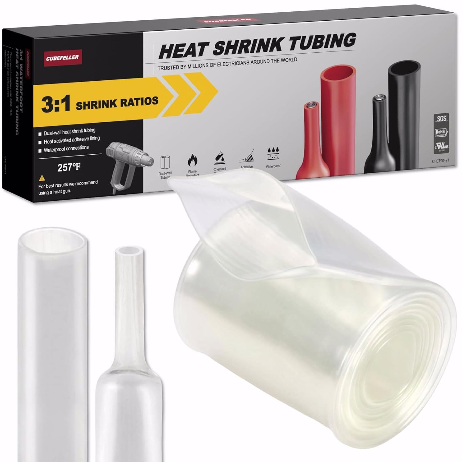 CUBEFELLER® 3:1 Ratio 2 Inch (50mm) Clear Heat Shrink Tubing - 4ft (1.22M Total Length), Marine Grade Waterproof Adhesive Lined, Insulation Sealing Oil-Proof Wear-Resistant,ET0450C