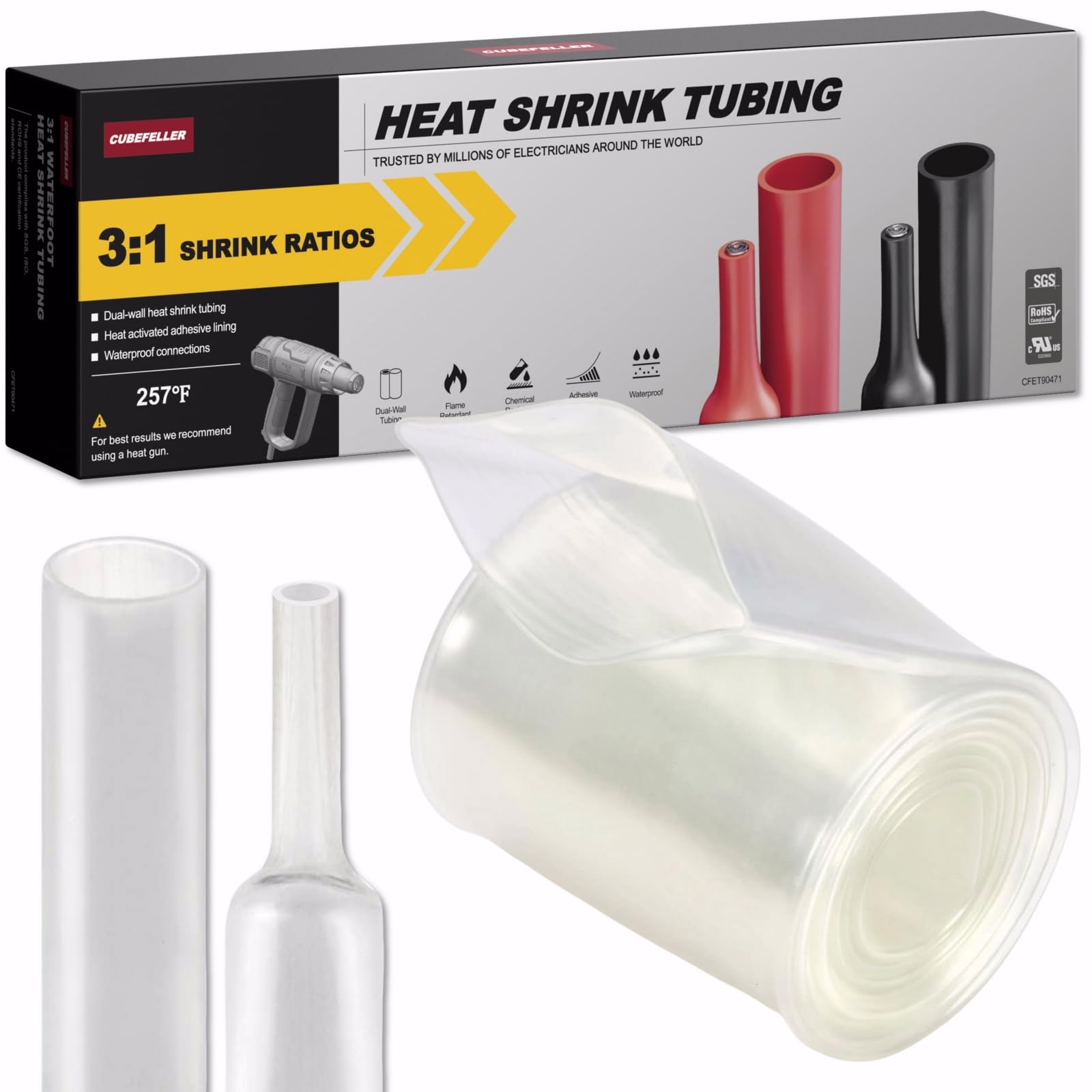 CUBEFELLER® 3:1 Ratio 2 Inch (50mm) Clear Heat Shrink Tubing - 4ft (1.22M Total Length), Marine Grade Waterproof Adhesive Lined, Insulation Sealing