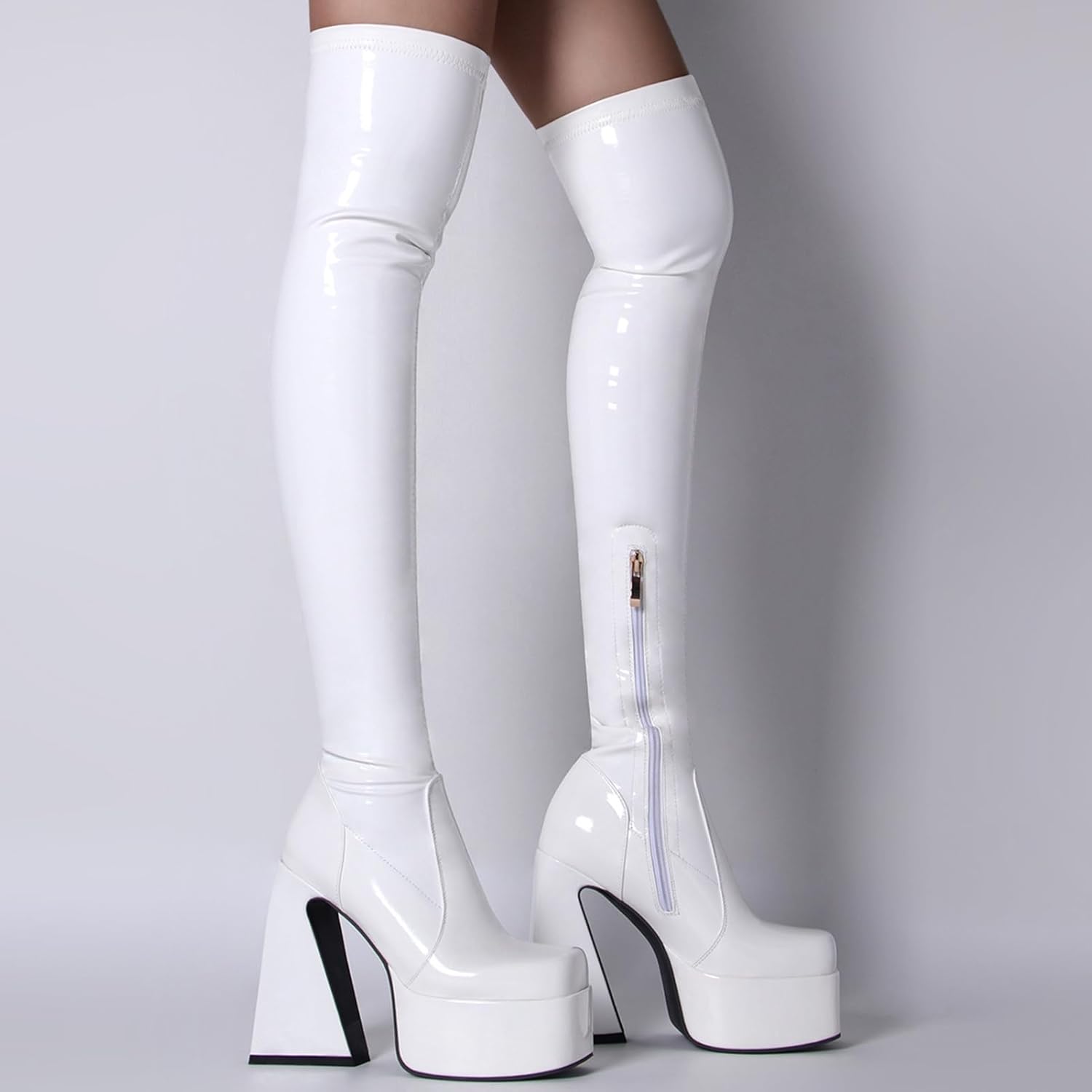 Roimaash Women's Thigh High Heels Latex Boots Over-the-knee Boots High Knee Boots Platform Stretch