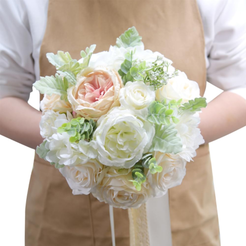 LESING Bridal Wedding Bouquets Artificial Rose Flowers Bouquet Handmade Romantic Wedding Bouquets for Bride Bridesmaid Holding Flowers (Bouquet-Peony Rose White) - Image 4