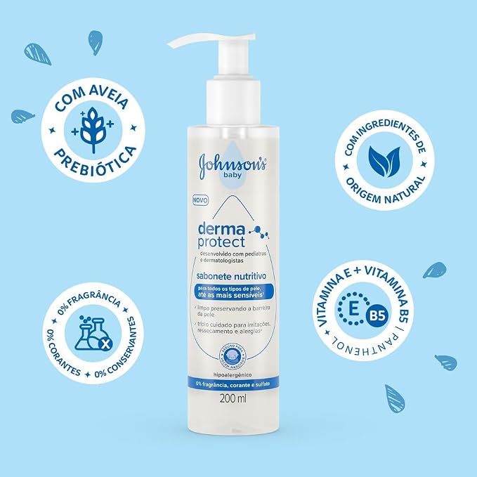 Sabonete Nutritivo Johnson's Baby 200ml em fundo azul claro com ícones de ingredientes como aveia prebiótica, origem natural, vitamina E e B5, e 0% fragrância, corantes e conservantes.