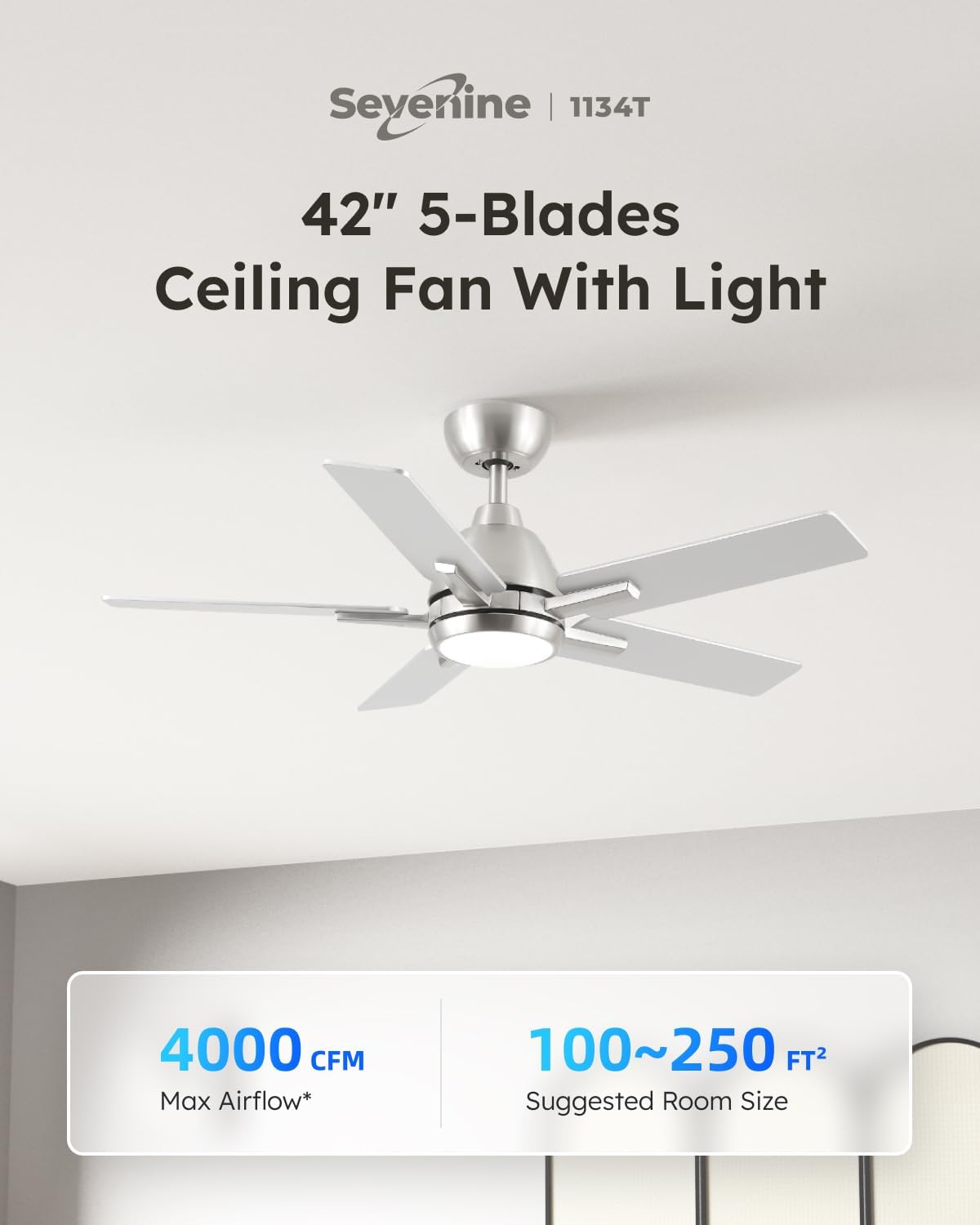 Sevenine 42 Inch Ceiling Fans with Lights and Remote, Brushed Nickel Ceiling Fan with 5 Balde for Outdoor/Bedroom Living Room, Downrod, 6 Speed Reversible DC Motor, 3CCT Dimmable Timer, ETL Listed Nicke 42Inch