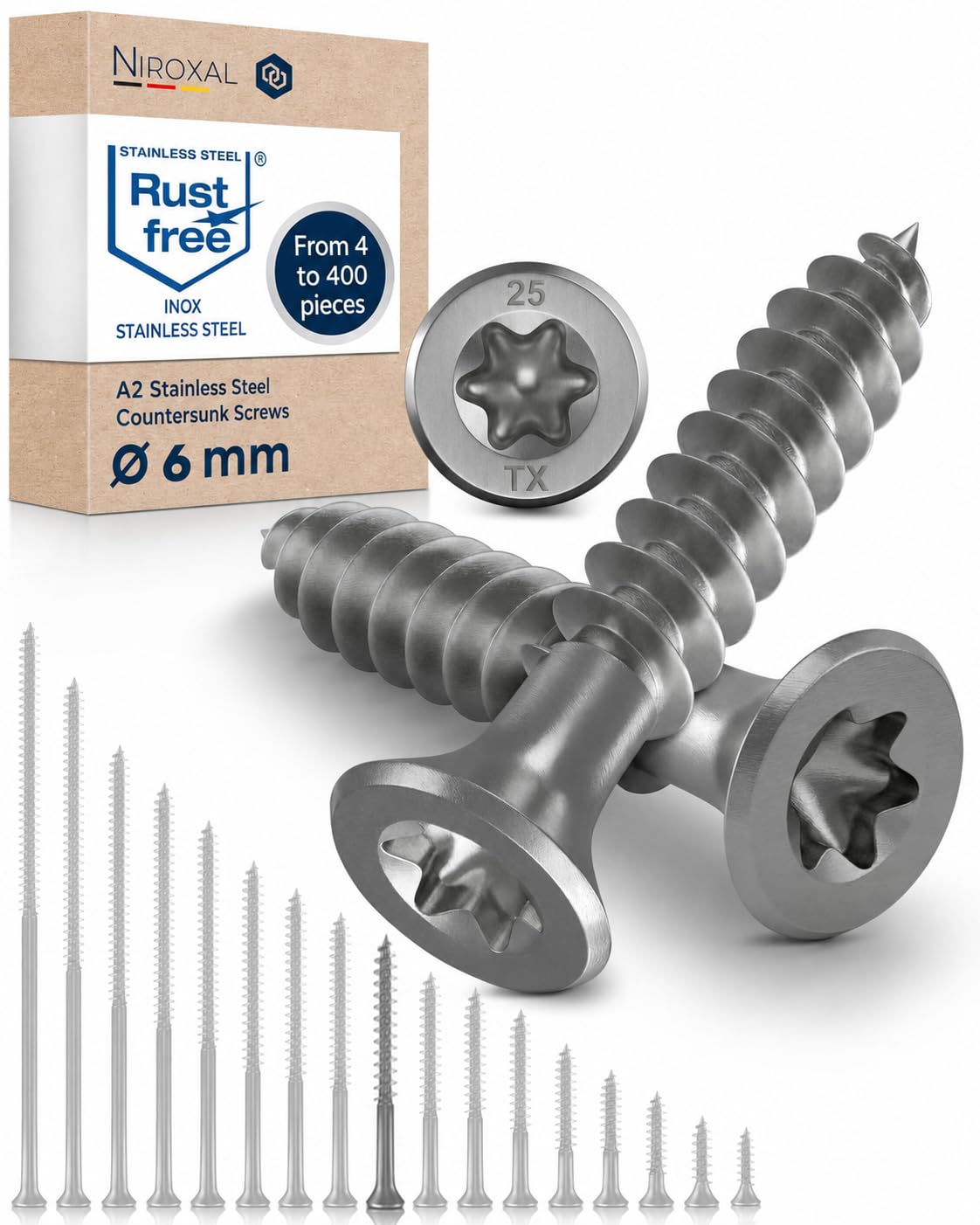 Wood Screws 6 x 55 mm TORX Countersunk Head Stainless Steel 304 Chipboard Screws Timber Screws Partial Thread Rustproof A2 10 Pack