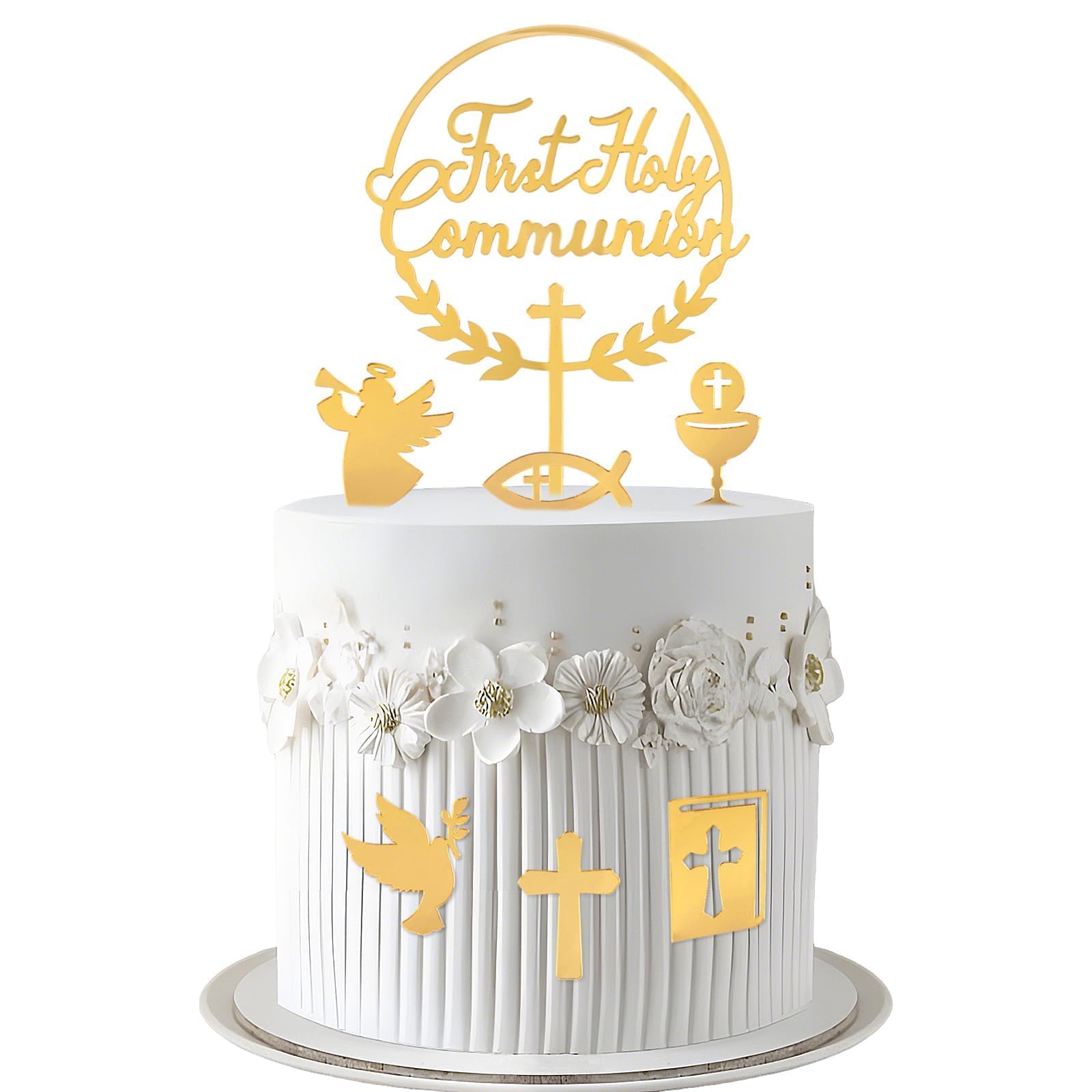 DOORIO 7pcs First Holy Communion Cake Toppers Cross Gold Acrylic Cake Toppers Bible Fish Dove Grail Cake Decoration for Communion Christening Baptism Baby Shower Birthday Wedding Cake Supplies