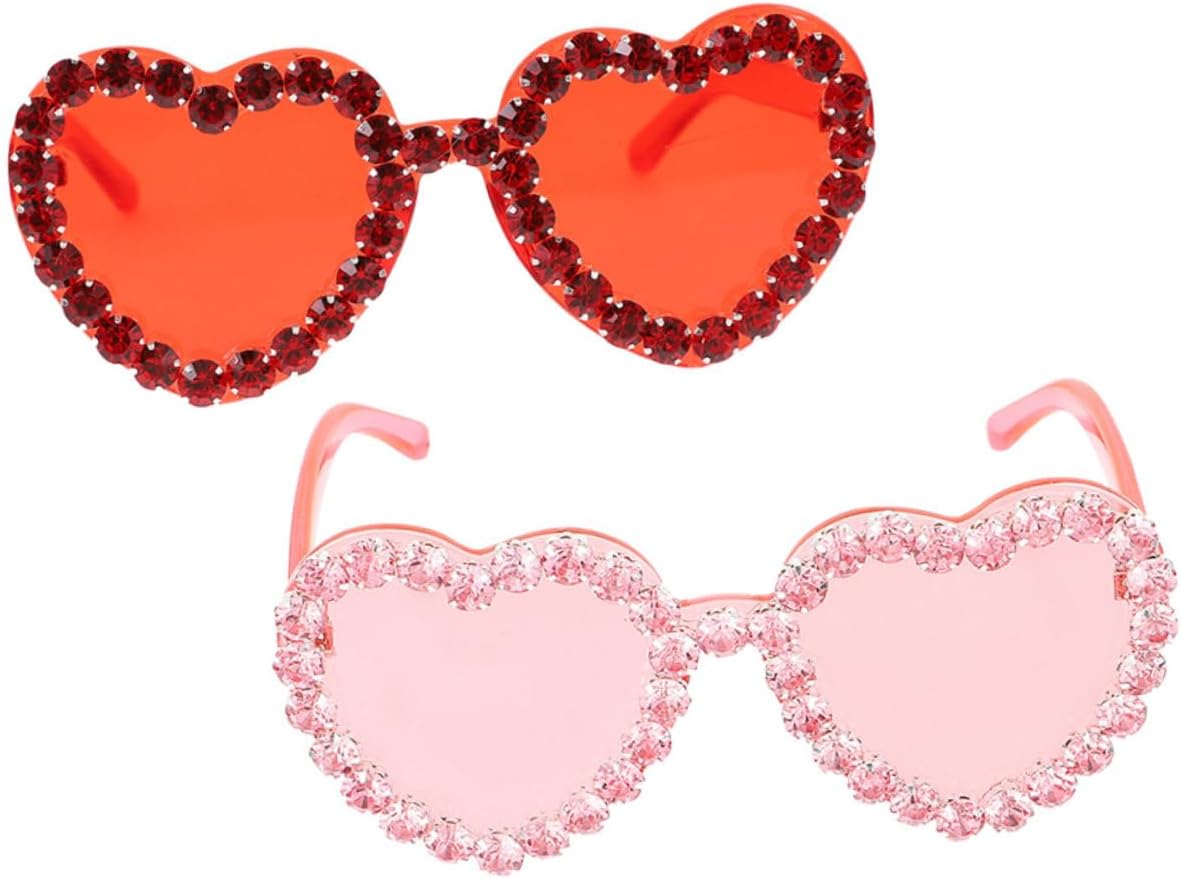 Heart Sunglasses for Women 2pcs Set, Rimless Pink and Deep Red Crystal Frame, Party and Wedding Beach Eyewear, Trendy Women's UV Protection Sunglasses