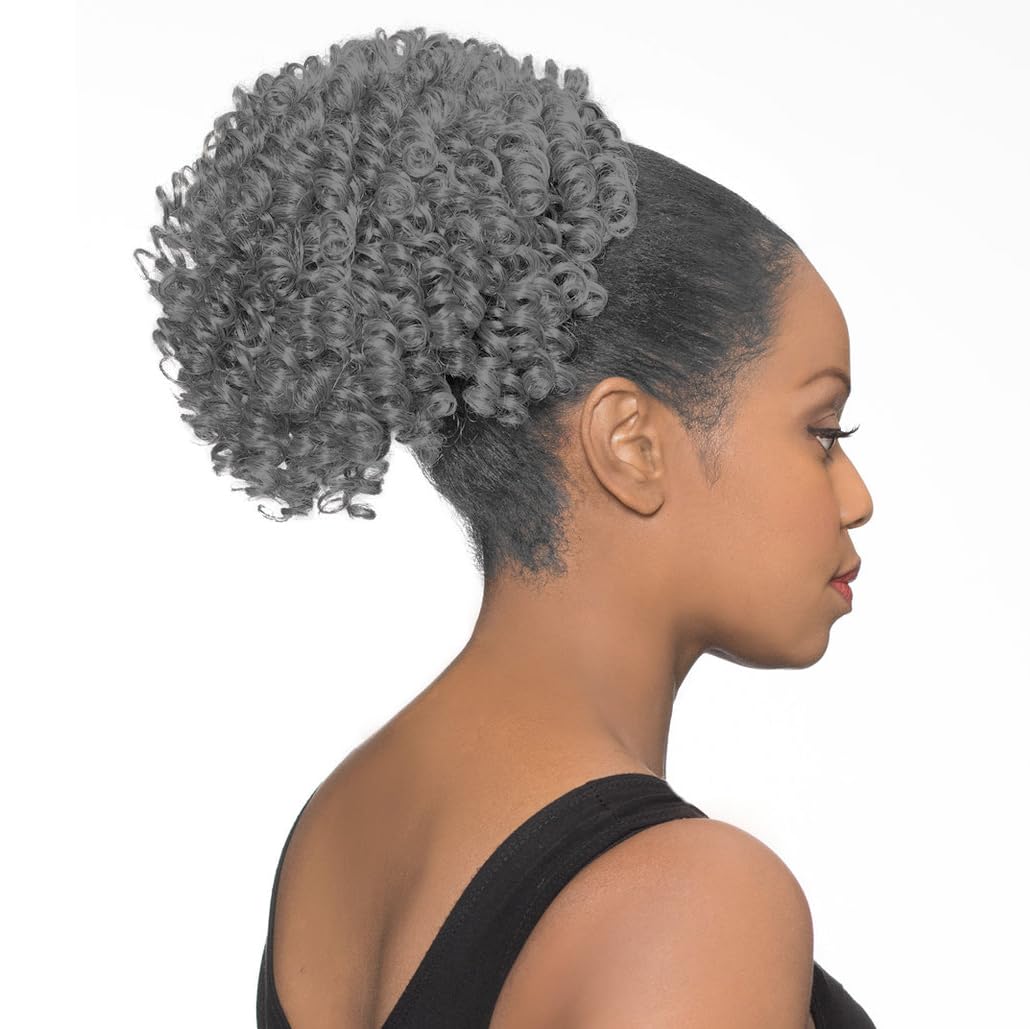 DS008 Ponytail Color 1B - Foxy Silver Wigs 8-10 Med Length Spiral Curls Drawstring Cheerleader Style Hairpiece Extension Synthetic Black Grey Full Bun Womens Bundle MaxWigs Hairloss Booklet