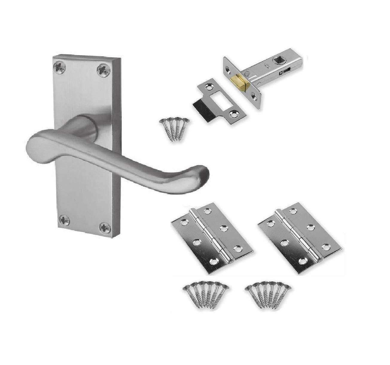 Jiyo.Outdoor Victorian Scroll Latch Door Handles in Satin Brushed Chrome with Hinges & Latches Pack - 7 Sets - 120mm x 40mm
