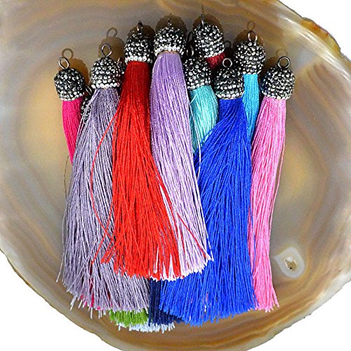 AD Beads Crystal Silk Tassel Rhinestone Earrings Or Pendant - 80mm Length, 10mm Cap, 25 Color Options (Style 1 Pink) - View #7
