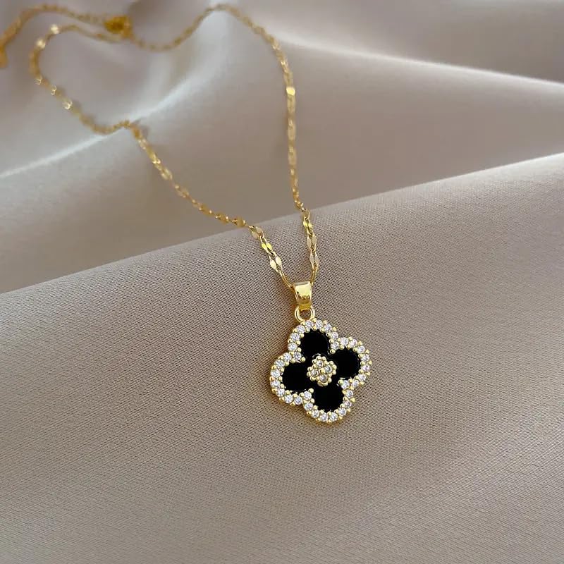 Gold Tone Necklace with Black Enamel Pendant, Crystals Four leaf Clove Charm2