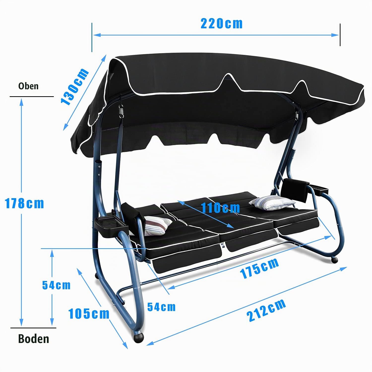 RANSENER Luxus 3-Sitzer Hollywoodschaukel mit Liegefunktion und Verstellbarem Sonnendach - Premium Gartenschaukel für Garten und Terrasse