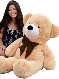 Urso De Pelúcia Gigante Teddy 90 Cm Com Laço Macio Nacional (Doce De Leite com Laço Tabaco)