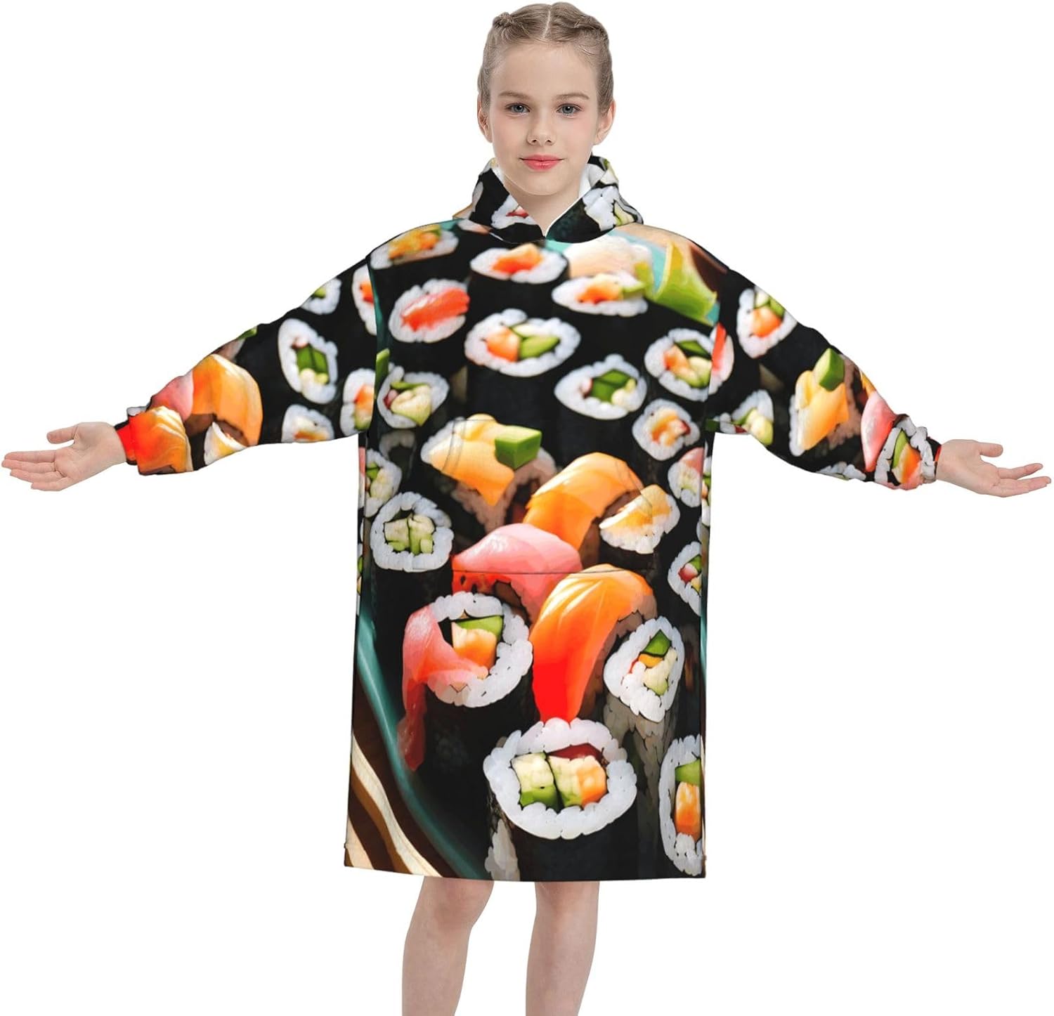 Sushi Print Oversized Blanket Hoodie, Wearable Blanket Hooded,Hooded Pullover With Pocket