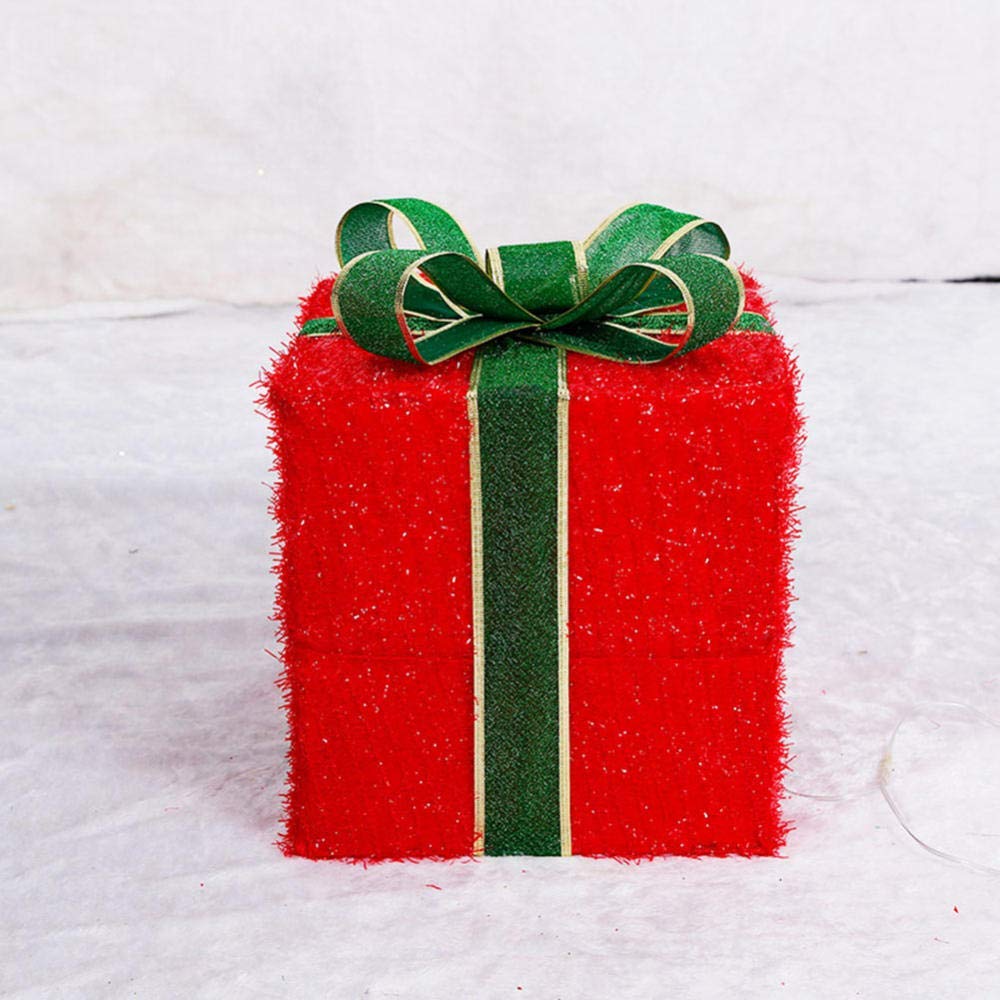 Cajas de regalo para Navidad, Cajas de regalo LED de tela de hierro con iluminación navideña, juego de 3 paquetes decorativos de Navidad, luces blancas cálidas, decoración interior y exterior(Rosso)