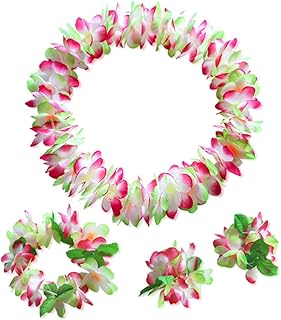 BESTOYARD Flower Necklace 4 Pcs Hawaiian Luau Flower Leis Necklace Bracelets Headband Set Tropical Luau Party Supplies for Hawaii Birthday Party Favors Beach Theme Party Decor Green Hawaiian Leis