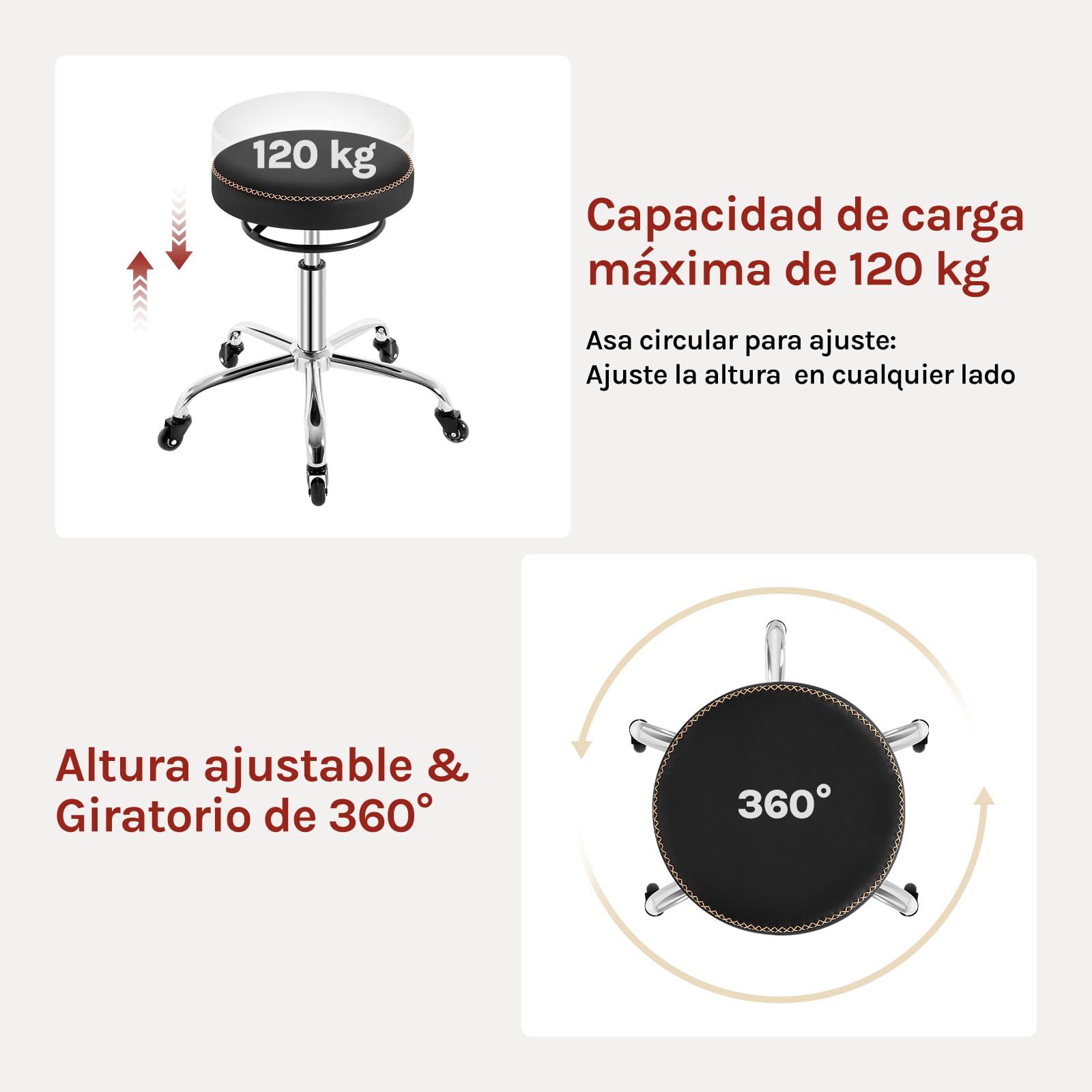 WOLTU Taburete con Ruedas, Taburete Oficina de PU, Negro | Silla de Trabajo, Altura Ajustable, Silla Giratoria para Masajes, Oficina, Clínica y Laboratorio