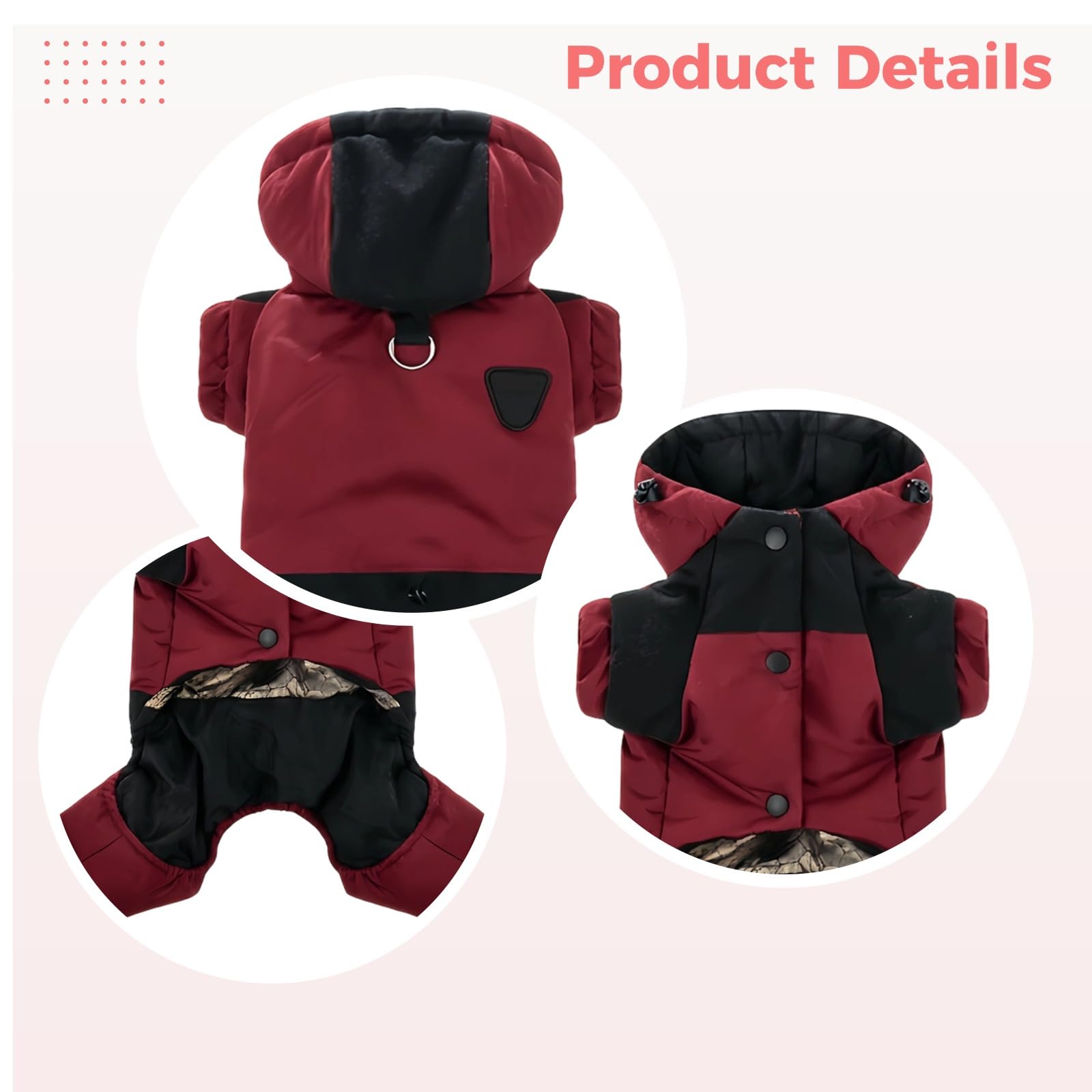 Caldo cappotto per cani con cappuccio, tuta da neve rosa per cani, giacca invernale impermeabile in poliestere, abbigliamento regolabile per cani di piccola taglia, rosso