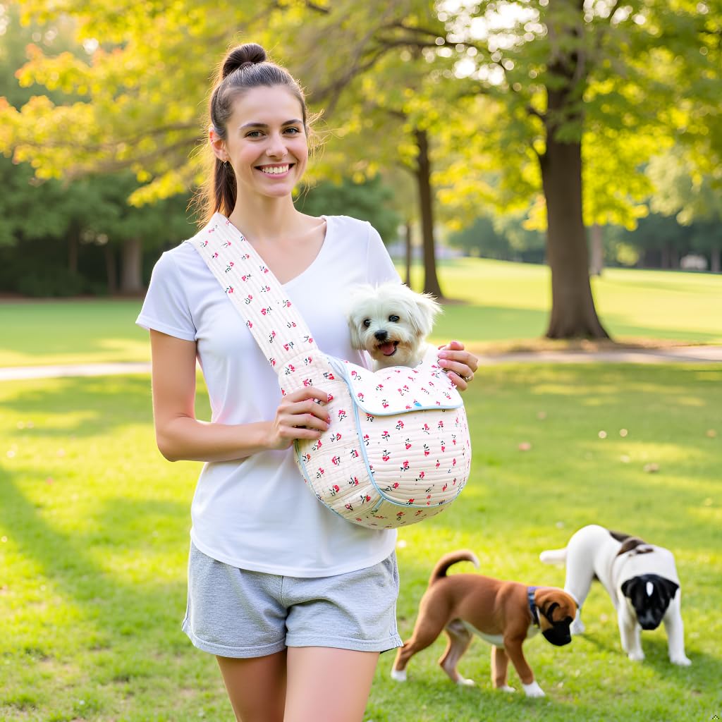 Transportín de algodón para mascotas para perros y gatos, bolso de mano con estampado floral (blanco, pequeño)