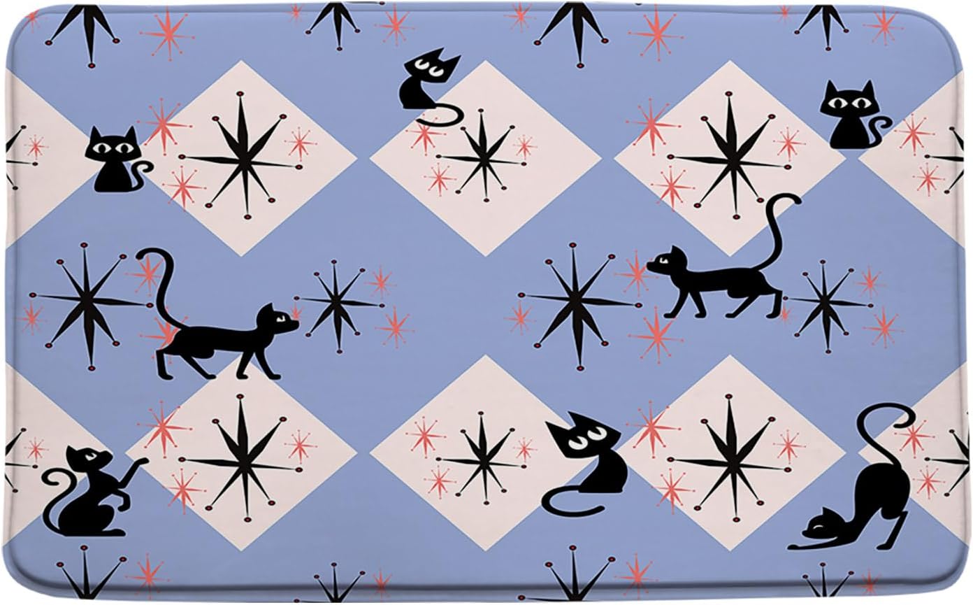 Mid Century Atomic Black Cat Bath Mat Blue Black Atomic Cat Abstract Geometric Minimalist Funny Cat Boho 1950s 60s 70s 16"x24"and 17.8"x29.5"and 16"x48" Bathroom Decor Mat/Rug