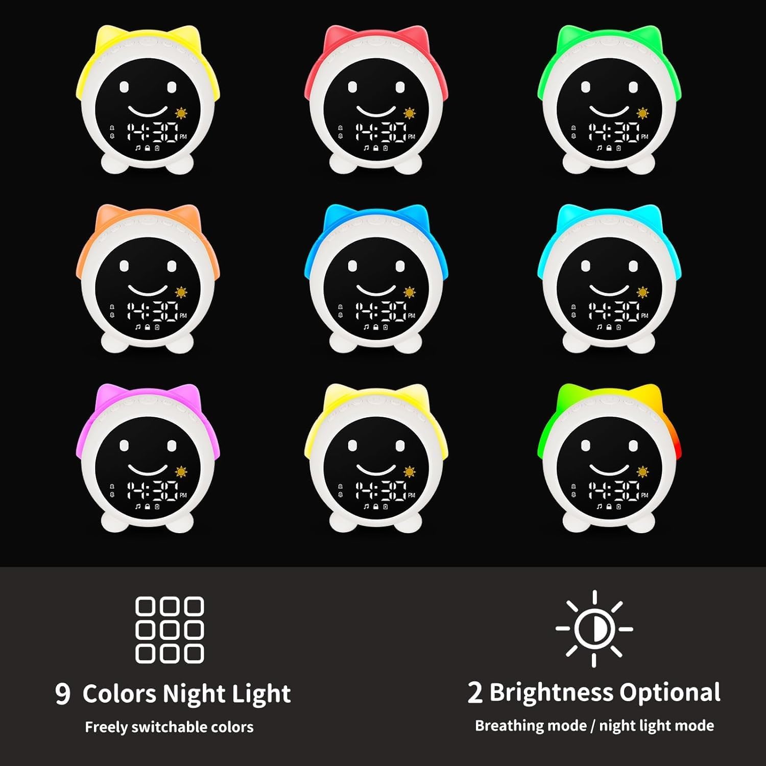 Grid showing 9 different night light colors and brightness levels