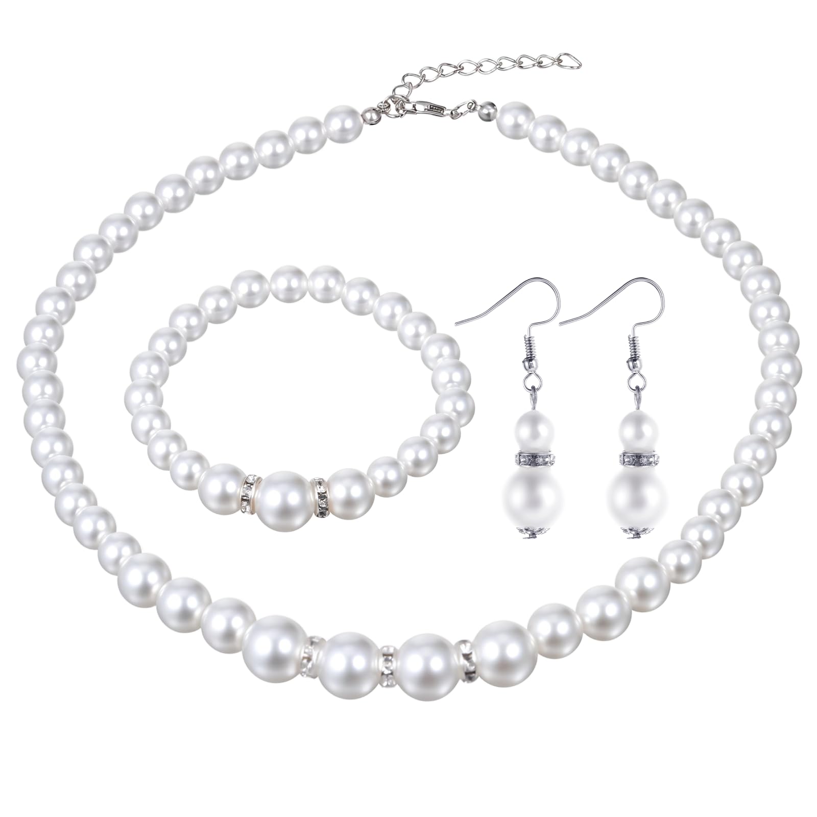 Morfetto Sterling Zilveren Parelketting Set - Witte Ronde Gesimuleerde Schelp Halsketting, Armband, Oorbellen en Choker voor Vrouwen, Mannen en Meisjes - 6/8 mm
