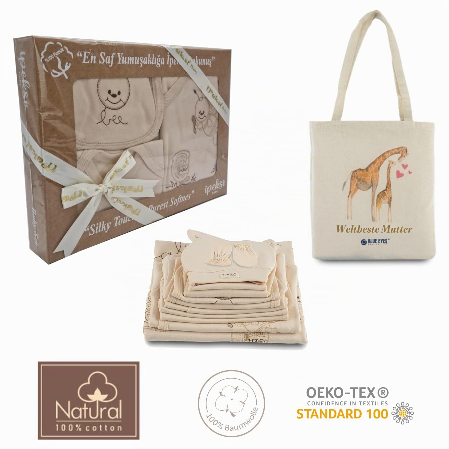 Blue Eyes Neugeborenen Baby Set 100% natürliche Baumwolle Erstausstattung Erstlingsausstattung Ausstattung Unisex Kleidung Geschenkset Badetuch mit 14 Teilig für Babys 0-4 Monate, mit Geschenketiket