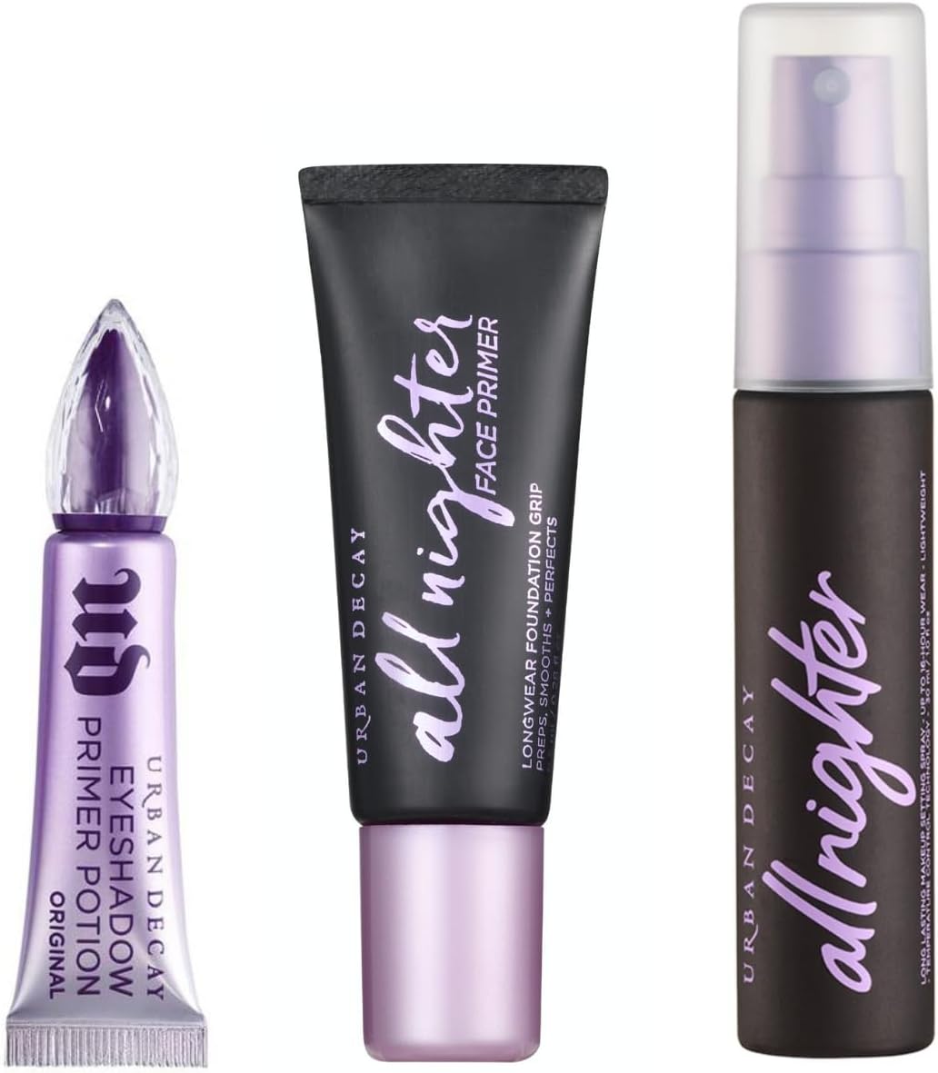 Urban Decay Prime + Set Bestsellers Bundle - Travel Minis - All Nighter Waterproof Setting Spray (1.0 Fl. Oz), Eyeshadow Primer Potion (0.16 Fl. Oz), All Nighter Longwear Face Primer (0.28 Fl. Oz)