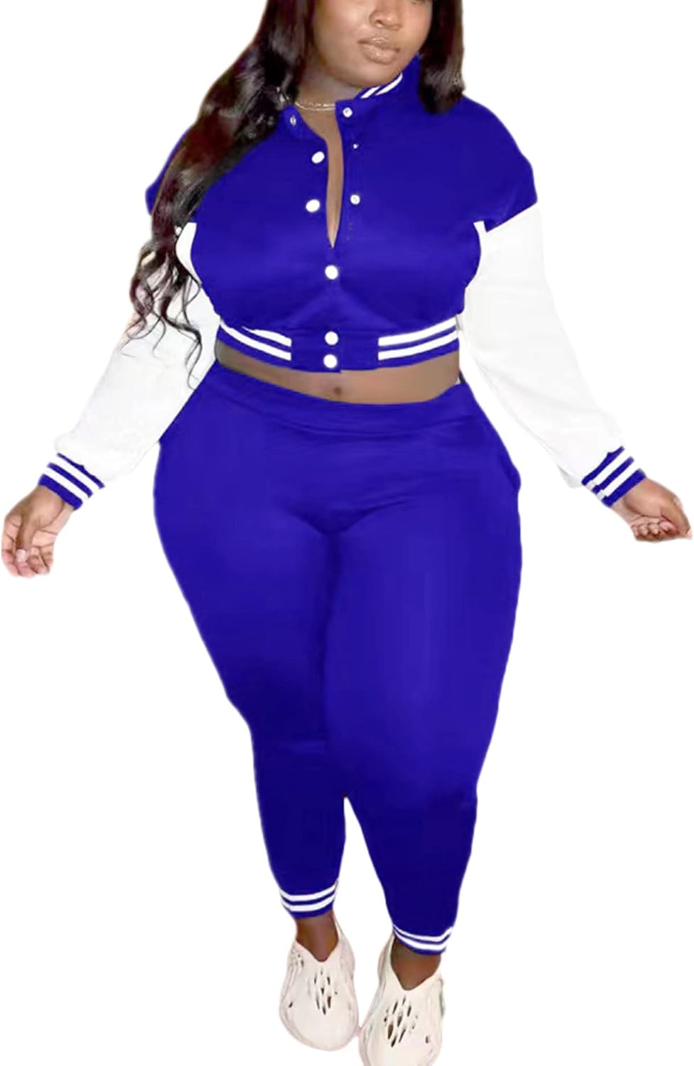 Casual Plus Size 2 Piece Sets for Women Patchwork Button Down Varsity Jackets Pants Set Sweatsuit Tracksuit