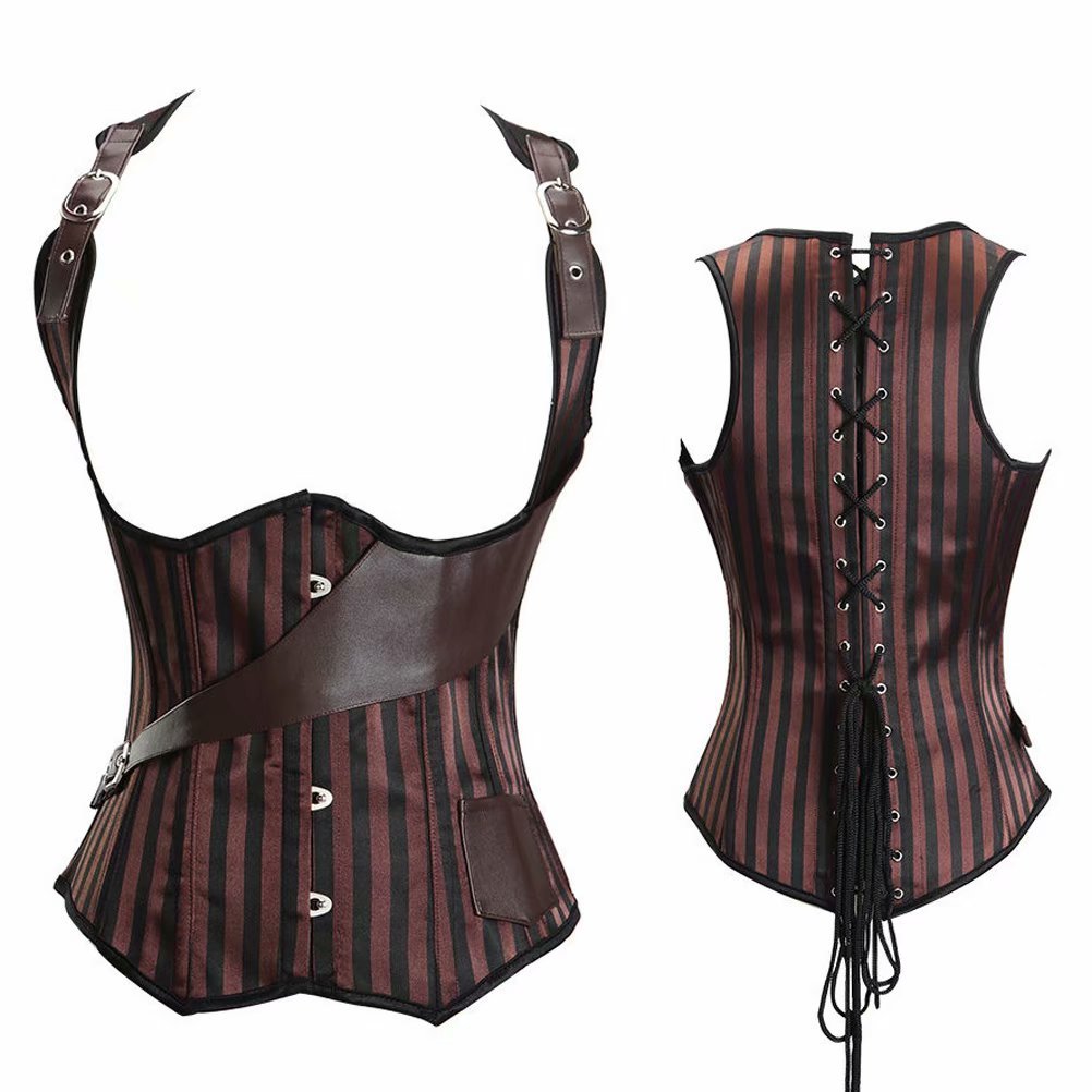 Steampunk Underbust Corset for Women Gothic Punk Clothing Basques Leather Bustiers Plus Size Top Sexy Brown L