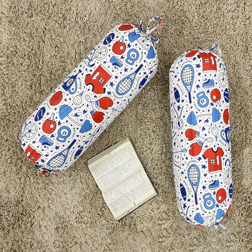 Image of Swayam Set of 2 Pure Cotton Bolster Cover | 30x30 Inch | Soft Breathable Masnad Cover 200TC | Durable & Washable | Sports Print Bolster Cover for Diwan, Bed & Sofa - White & Blue